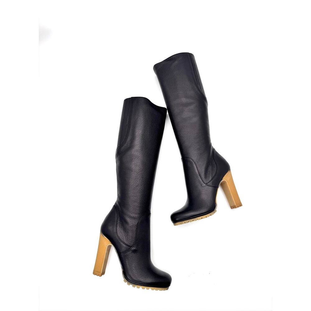 Gucci Edith Black Leather Tall Boots Chunky Rubber Lug Sole EU 36.5